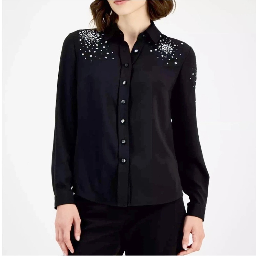 Anne Klein Blouse Size L Women Black Crepe Embellished Long-Sleeve Button-Front